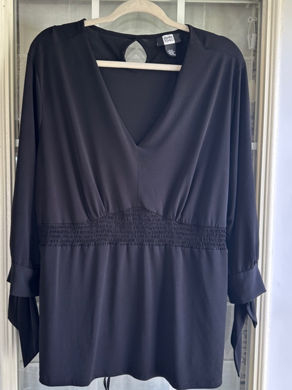 Studio 1940 Black V-Neck Tunic Top with Tie Waist